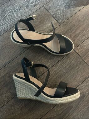 Stuart Weitzman Black Leather Espadrille Wedge Sandals with Ankle Strap